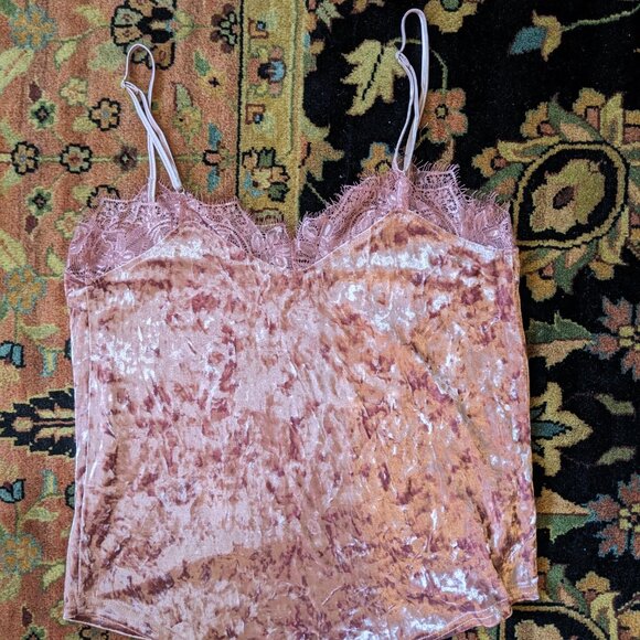 Rose Pink Crushed Velvet Lacy Camisole Tank Top - Picture 7 of 7